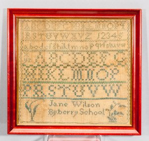19th C. Bayberry School Sampler of Jane Wilson: 19th C. Bayberry School Sampler of Jane Wilson Undated, framed under glass. 9 1/2" H x 10" W, Frame 11 1/4" H x 12" W