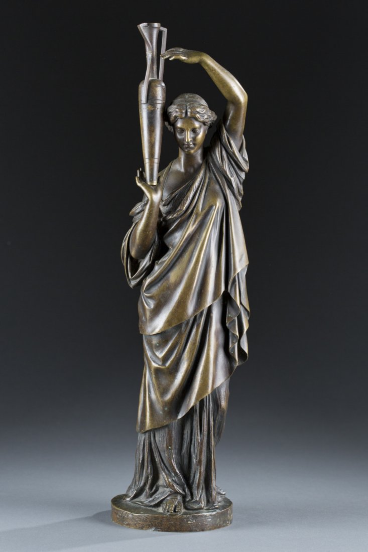 Jean-Jacques Feuchere, (French, 1807-1852), Untitled: Jean-Jacques Feuchere (French, 1807-1852) Untitled Maiden Bronze Signed Jean Jacques Feuchere with Gautier Editeur foundry mark. 17" H x 4" Diameter