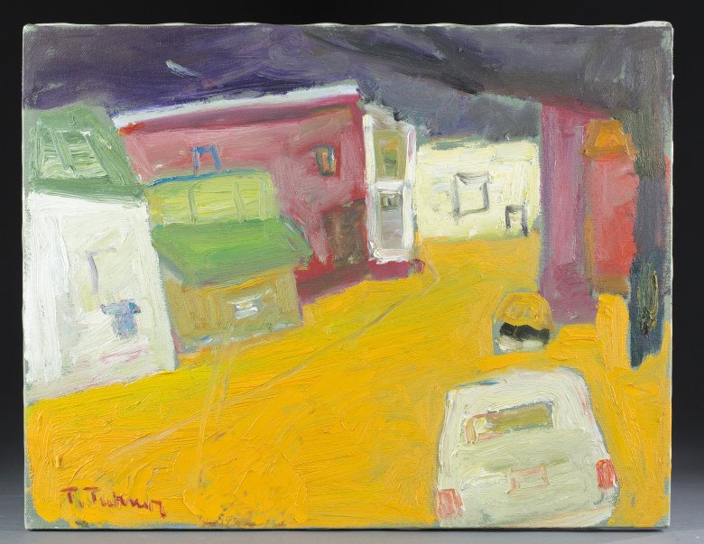Theodore "Ted" Turner, (American, 1922 - 2002),: Theodore "Ted" Turner (American, 1922 - 2002) Untitled Town Scene Oil on Canvas Signed in red paint on lower left corner. 16" x 20"