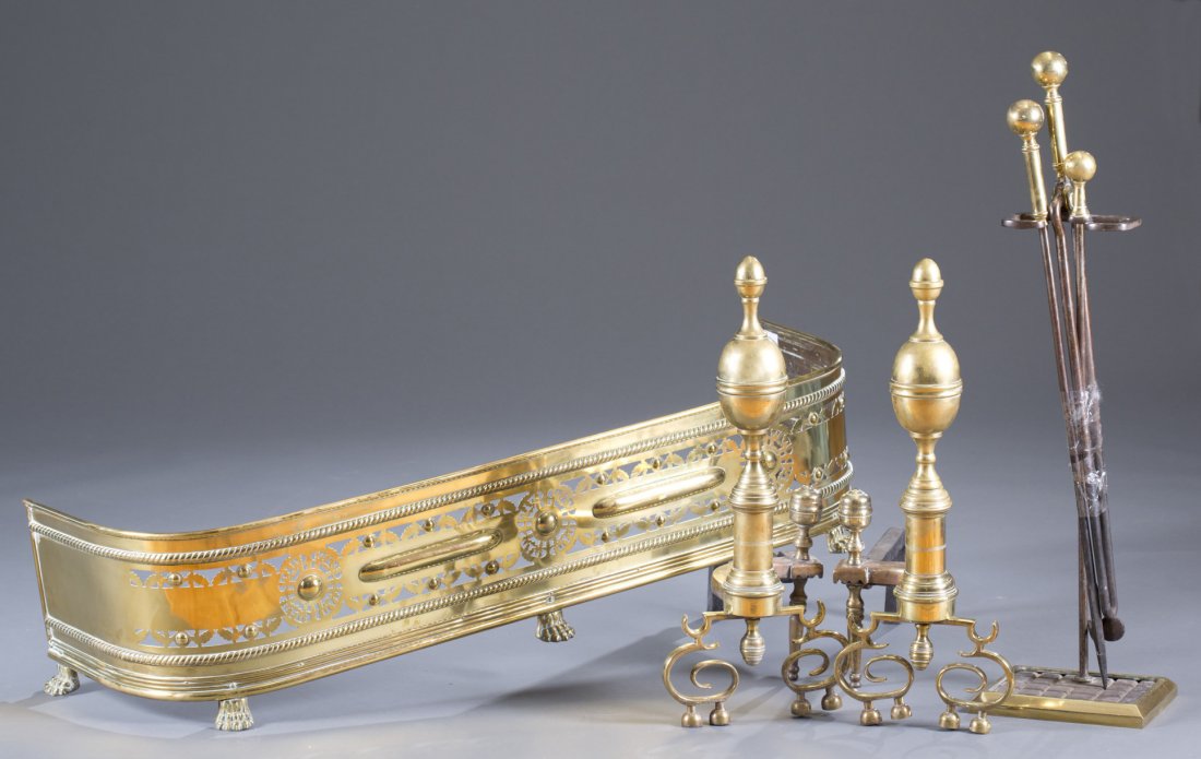 Neoclassical Brass Fireplace Accessories: Neoclassical Brass Fireplace Accessories Includes andirons, fender and tools