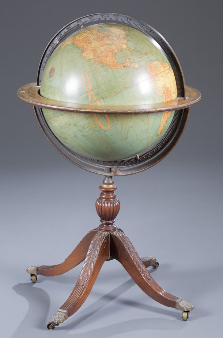 Kittinger 18-inch Terrestrial Library Globe, Buffalo,: Kittinger 18-inch Terrestrial Library Globe, Buffalo, NY Printed with states, countries, currents and cables in different colors, maker's cartouche in the Pacific stating, "18 Inch Terrestrial Globe,