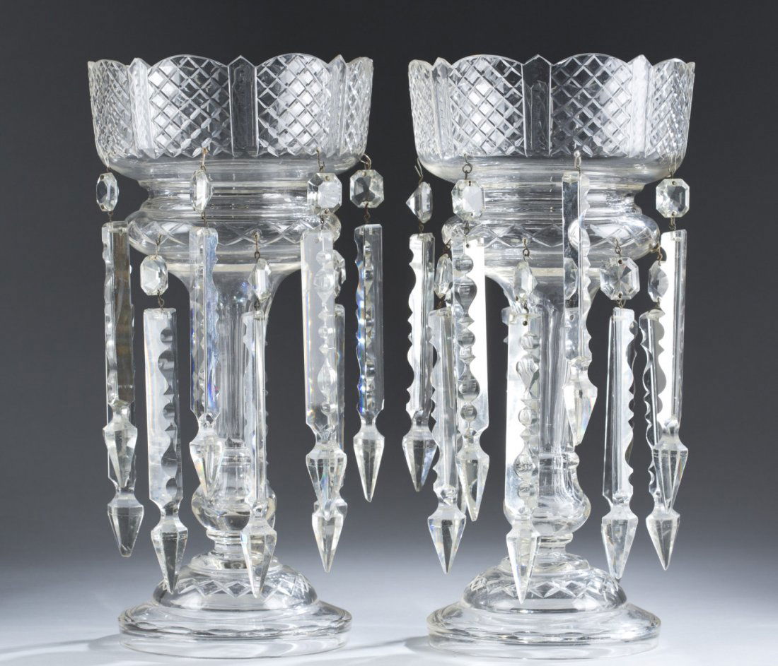 Cut Glass Mantle Lusters with Glass Prisms: Cut Glass Mantle Lusters with Glass Prisms 14 1/4" H