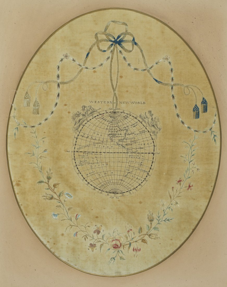 Framed Needlework Map of The New World: Framed Needlework Map of The New World 19th Century