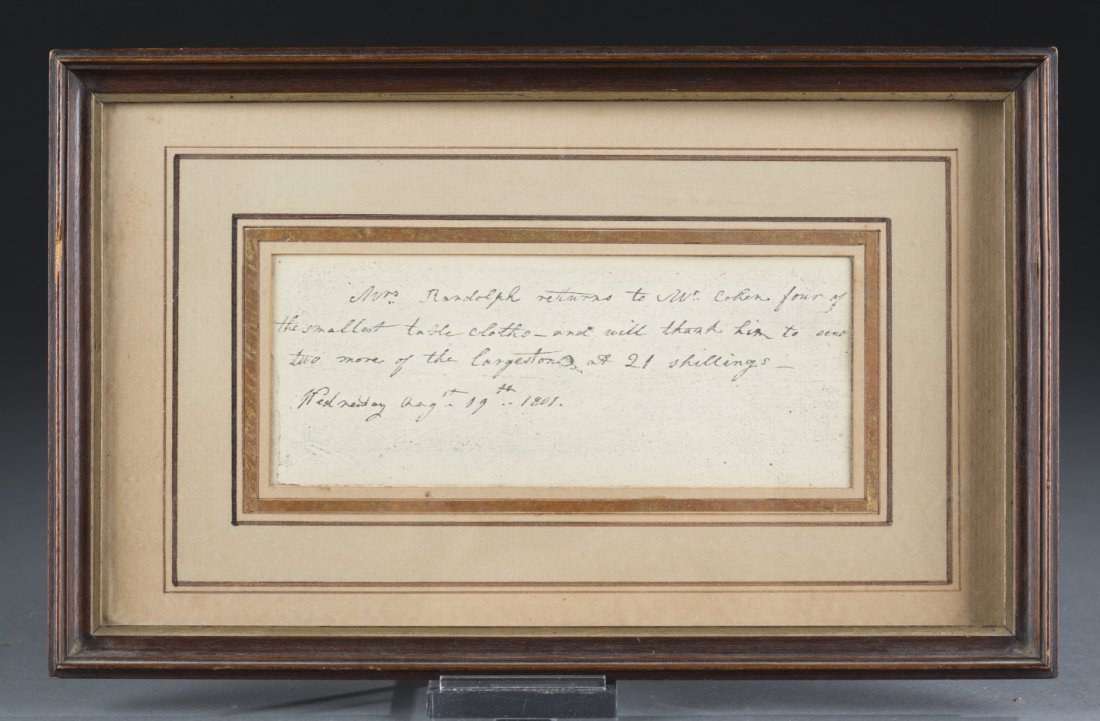 Receipt of Puchase for Tablecloth for Mrs. Randolph,: Receipt of Purchase for Tablecloth for Mrs. Randolph, 1801 Provenance: The estate of the late Honorable Robert W. Daniel, Jr. of Brandon in Prince George, VA