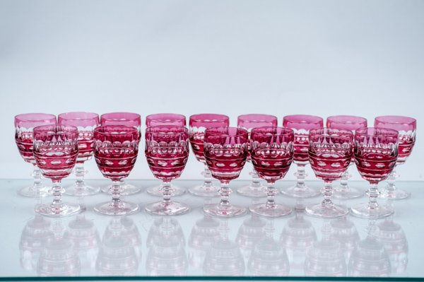 Set of 16 Cranberry Glass Wine Goblets: Set of 16 Cranberry Glass Wine Goblets Val St. Lambert "Blarney" Stems, "Thumbprint" Pattern, 5"H Provenance: The estate of the late Honorable Robert W. Daniel, Jr. of Brandon in Prince George, VA