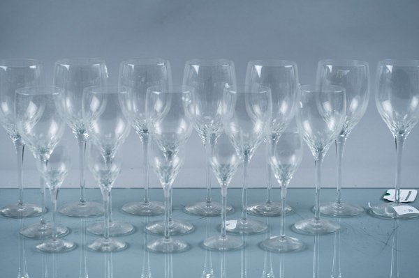 Set of Five Steuben "Petal" White Wine Goblets, Five Co: Set of Five Steuben "Petal" White Wine Goblets, Five Cordials and Seven (7) Larger Wine Goblets 8 1/4"H, 5 1/4"H Provenance: The estate of the late Honorable Robert W. Daniel, Jr. of Brandon in Prince