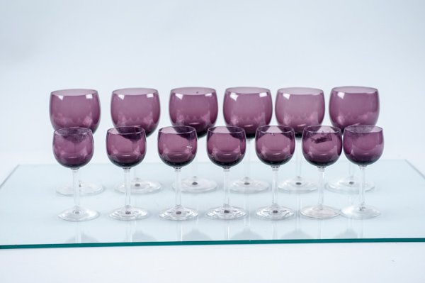 Set of 13 Fostoria Amethyst Goblets: Set of 13 Fostoria Amethyst Goblets Two Sizes, Clear Stems 6 1/2"H Provenance: The estate of the late Honorable Robert W. Daniel, Jr. of Brandon in Prince George, VA