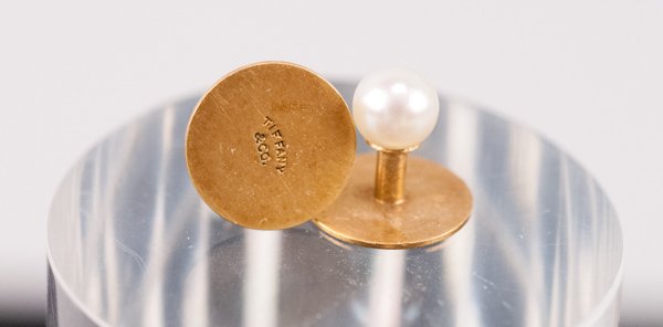 Pair of Tiffany & Co. Pearl Shirt Studs: Pair of Tiffany & Co. Pearl Shirt Studs 1.7 dwt total weight. 5mm Provenance: The estate of the late Honorable Robert W. Daniel, Jr. of Brandon in Prince George, VA