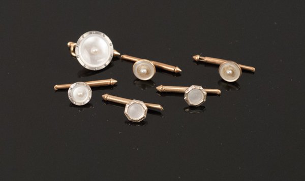 14K Mother of Pearl and Seed Pearl Shirt Studs: 14K Mother of Pearl and Seed Pearl Shirt Studs 4.3 dwt total weight. Provenance: The estate of the late Honorable Robert W. Daniel, Jr. of Brandon in Prince George, VA