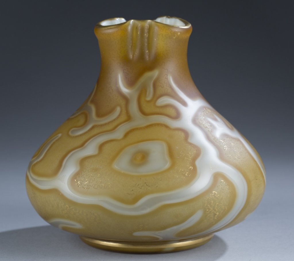 Federzeichnung Vase, Ruffled Rim: Attributed to Loetz, bottom marked Pat. 9159 6" H x 6" Diameter