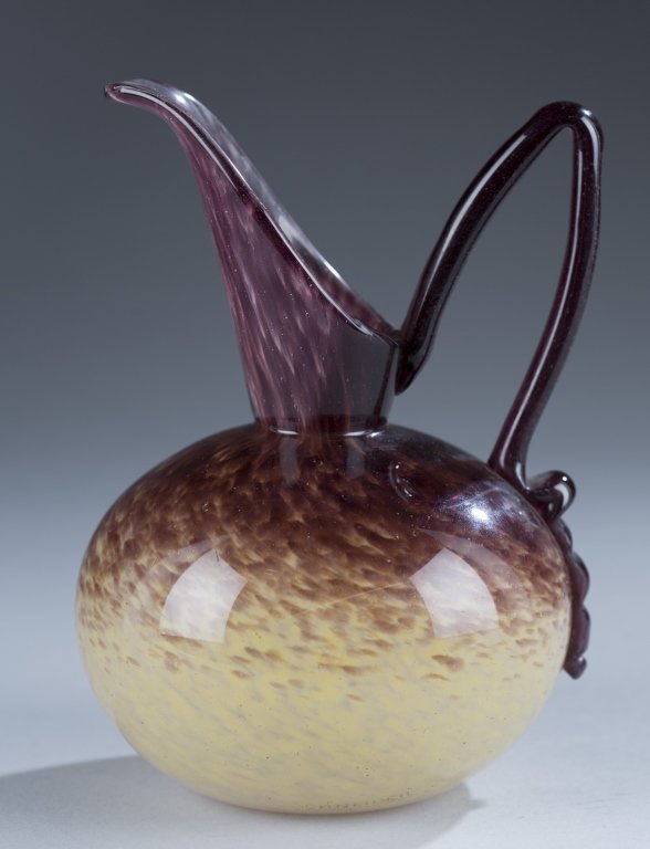 Signed Charles Schneider Ewer Vase: Yellow and mottled violet, marked on bottom. Applied violet handle. 6" H x 4" Diameter