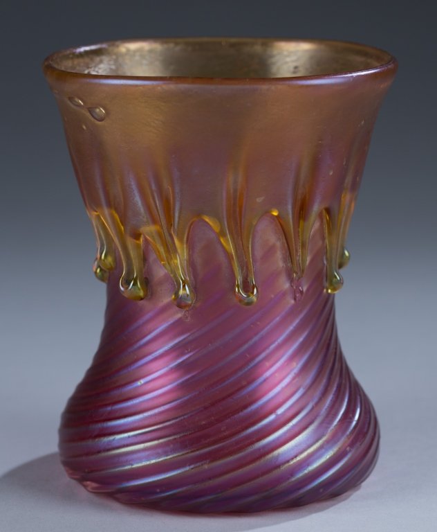Unsigned Loetz Vase, Pink with Amber Dripping: 5" H x 4" Diameter