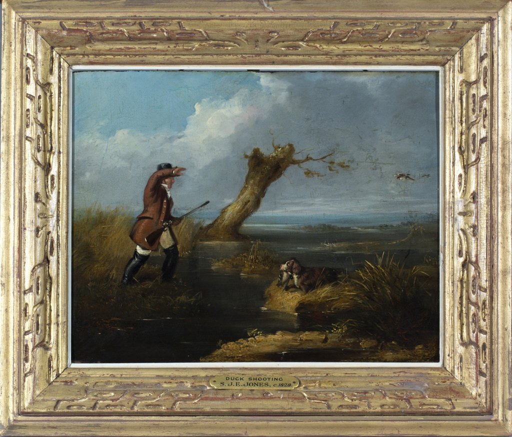 "Duck Shooting" By Samuel John Egbert Jones: British, (1797-1861) Oil on panel, signed and dated 1828. Verso labels, Parker Gallery, London: Greenwich Gallery, CT. Panel size: 11 1/2" x 14 1/2", Frame 17 1/2" x 20"
