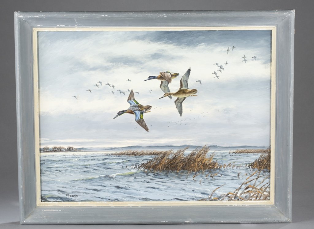 David Maass (American, b. 1929) Oil Paintings: UntitledÊgeeseÊinÊflight.ÊOriginalÊAbercrombieÊandÊFitchÊ retailÊlabelÊon reverse.ÊOilÊonÊmasonite.ÊSignedÊl.l.,Ê"Maass."ÊÊBlueÊWingedÊTeal.ÊOriginalÊAbercrombieÊand FitchÊreta