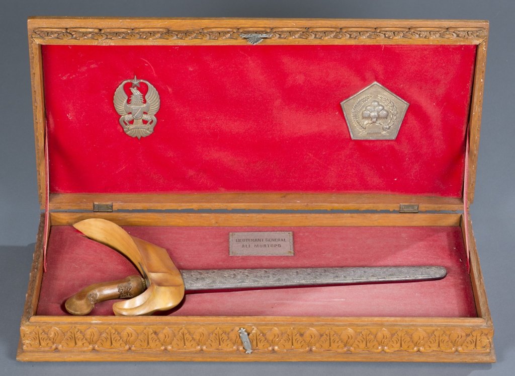 Indonesian Presentation Sword in Box: Ornatley carved. Marked, "Lieutenant General Ali MurtopoÓ