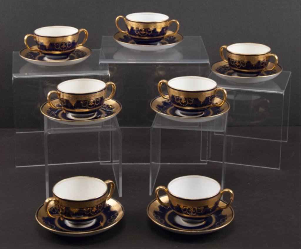 Fourteen (14) Tiffany & Co Minton Cups and Saucers: Matching set of seven (7) tea saucers and seven (7) tea cups. Cobalt and gilded pattern. All stamped and numbered on bottom. (saucer) 5 1/2''Dia