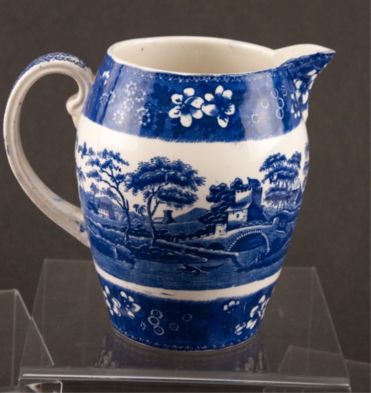 Spode Porcelain Blue and White Pitcher: English. Scene of river. Stamped on bottom. 7 1/2''H