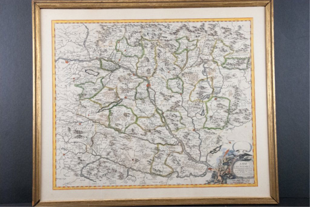 18th Century Hand Colored Map of Hungary: Published: Ca. 1720, London. Author: John Senex Hand Colored map framed under glass. 22.5" W x 18.5" H