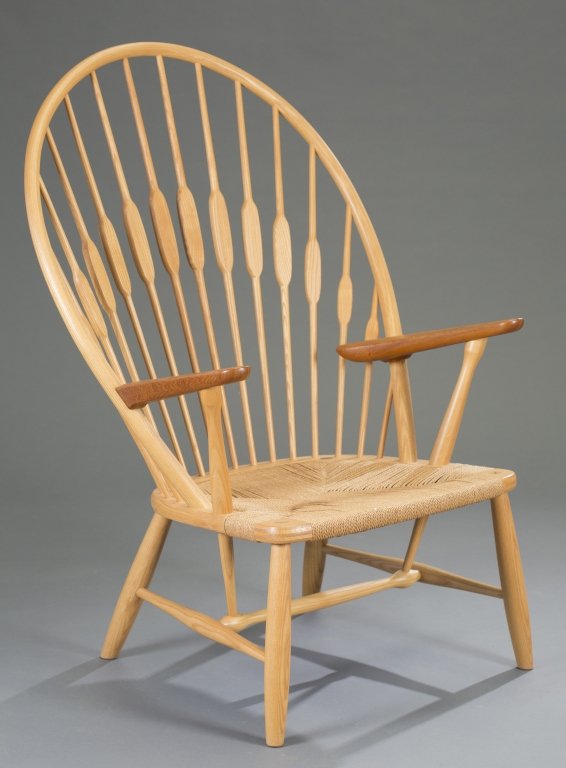 Hans Wegner Peacock Chair: Danish. Johannes Hansen, model no. 550. Circa 1960s. Ash, teak, paper cord. Branded, "Johannes Hansen Copenhagen Denmark." 41 1/2" H x 30" W x 22" D