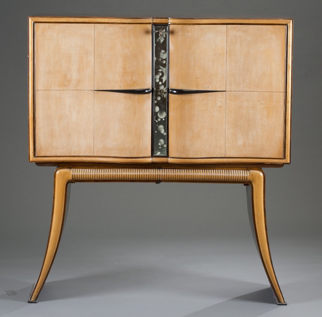 Circa 1930 Paola Buffa Bar: Sanded and painted floral doors with lit interior glass. 51" H x 46" L x 15" D