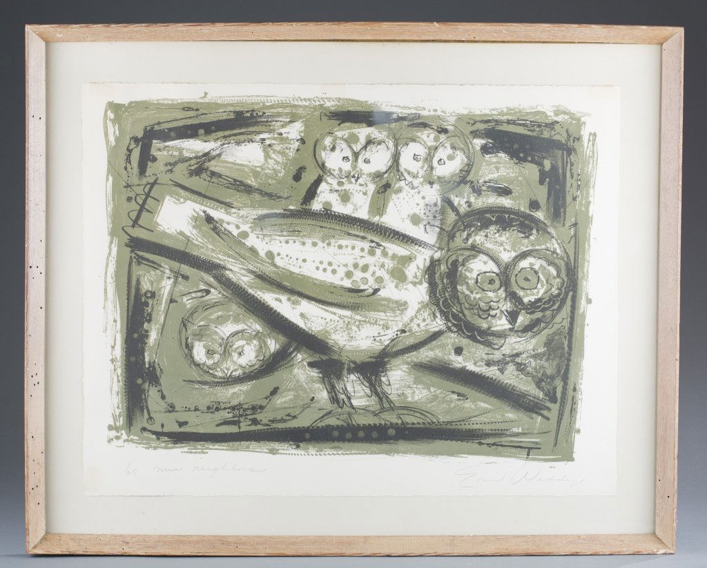 Emil Weddige "New Neighbors" Lithograph: Signed, numbered and titled Emil Weddige (Canadian b.1907) in pencil. 25 1/2'' L x 31'' W