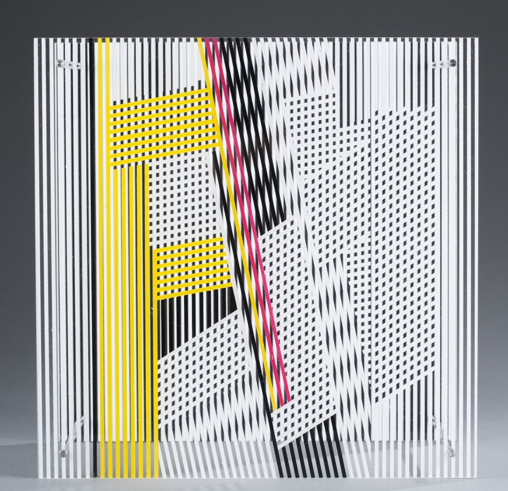 Jesus Rafael Soto, Structure Cinétique (Sotomagie): Silkscreen on plexiglass with metal rods.1967Éditions Denise René, ParisSigned "Soto" on a label affixed to the reverse. This work is number 10 from an edition of 100.13 3/8 x 13 3/8 x 7 1/4 in