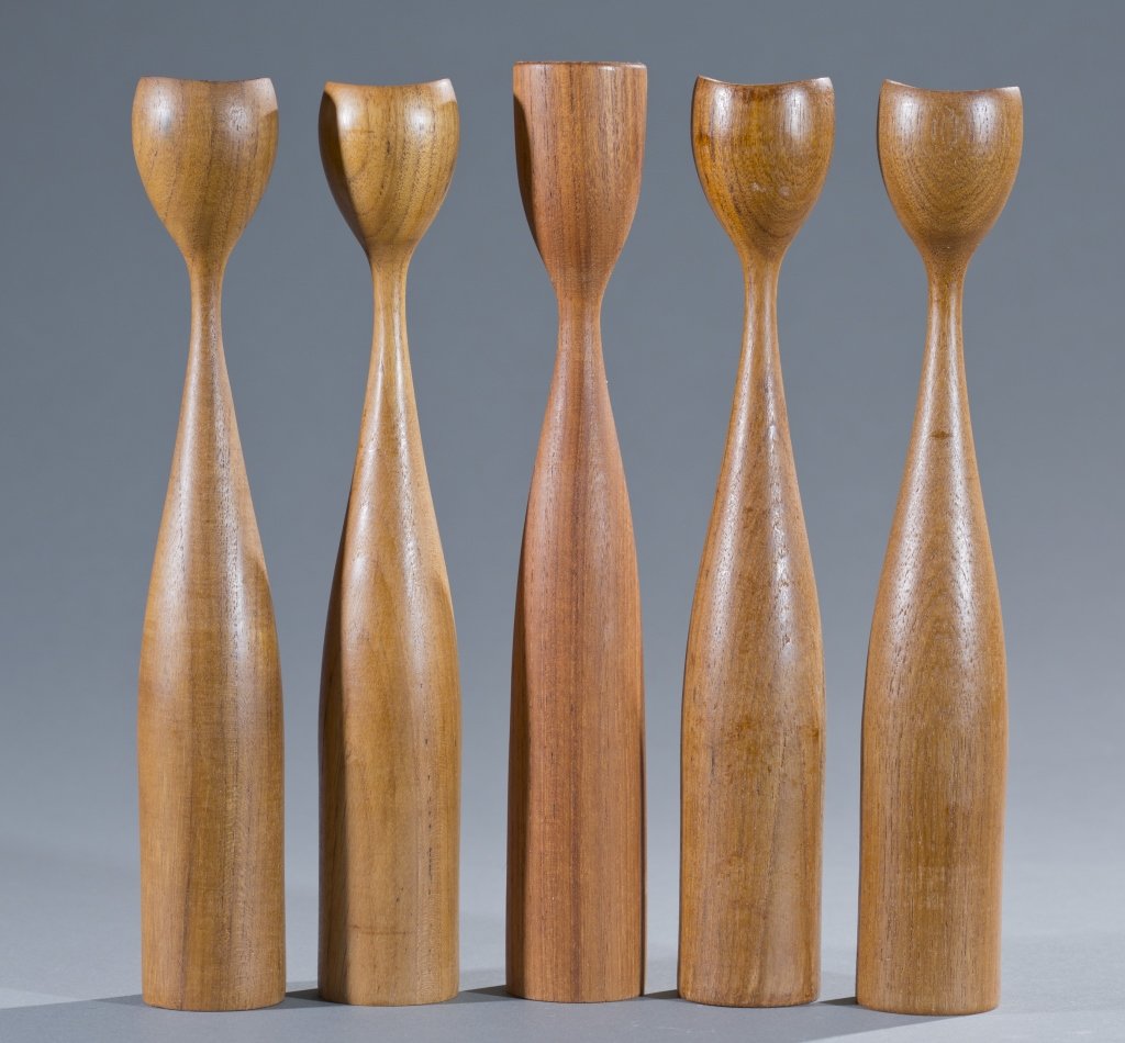 Five (5) Danish Teak Candlesticks: Classic turned Danish form. Unmarked on base. 11 1/2" H