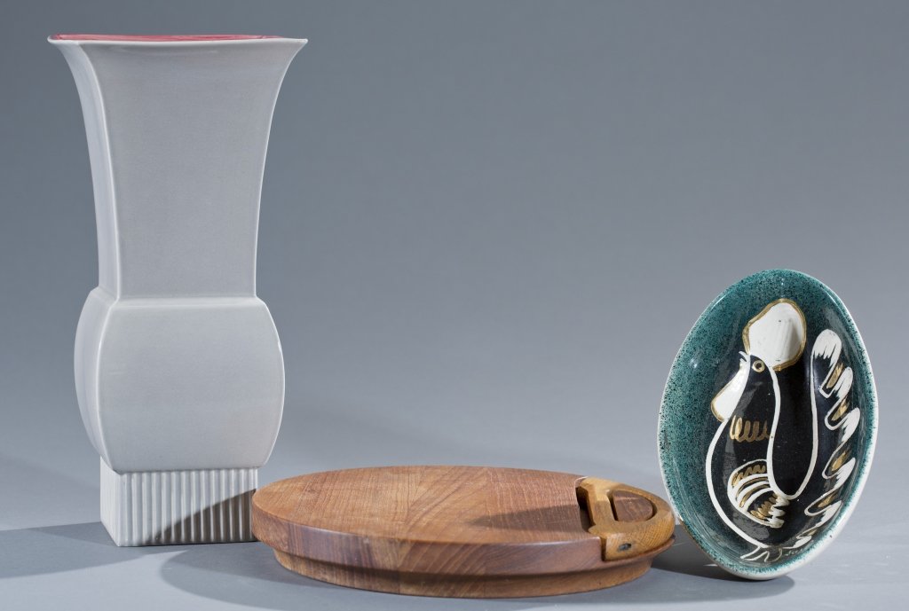 Three (3) Modern Decorative Items: One (1) Danish soft cheese cutting board, one (1) Roselane Asian inspired vase, one (1) Italian pottery formed bowl. Largest: 11 1/2''H