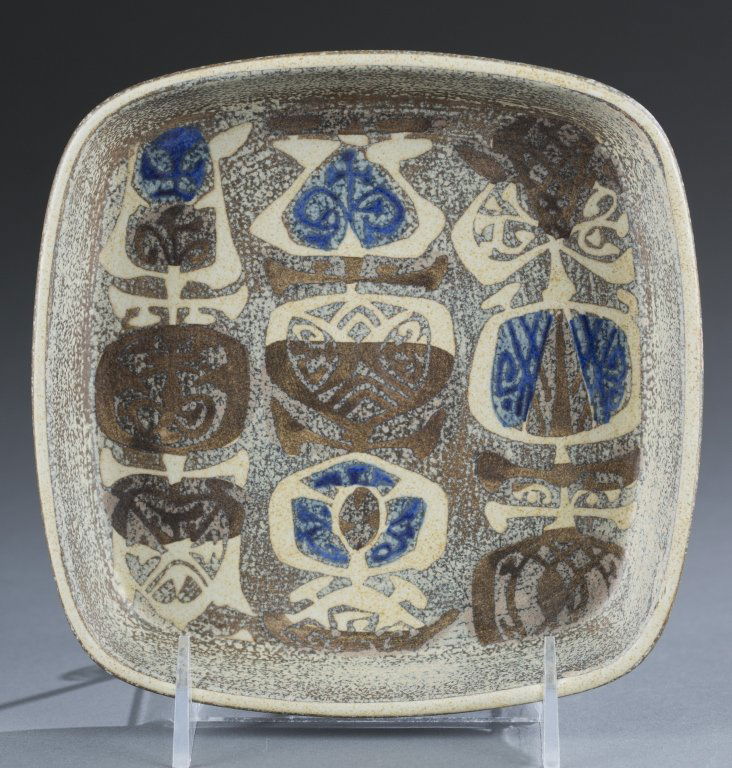 Nils Thorsson Royal Copenhagen Faience Tray: Marked on bottom, 734/2883. Square-form with raised rim. 1 1/4" H x 6 1/2" Square