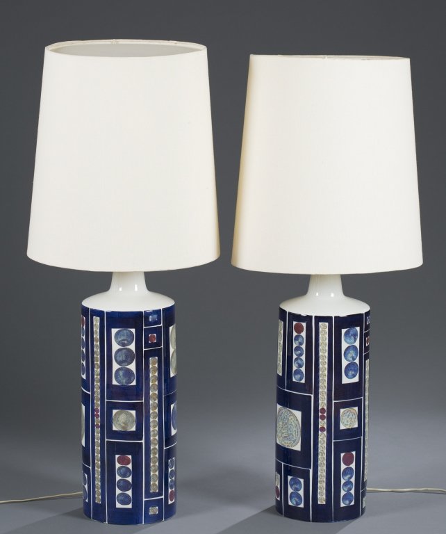 Two (2) Fog & Morup Ceramic Lamp Bases: Danish. Blue and textured slip. Stamped on bottom. 38 1/2'' H