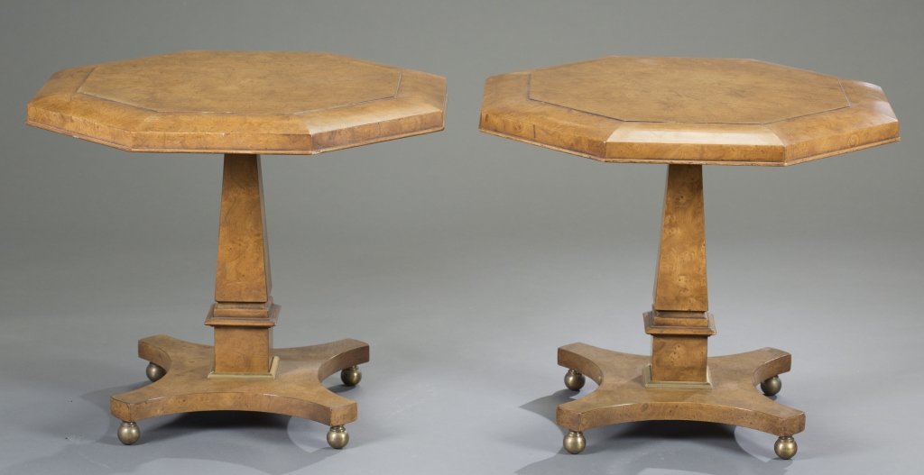 Pair of Burl Mastercraft Side Tables: Brass feet. 21 1/2" H x 28" W