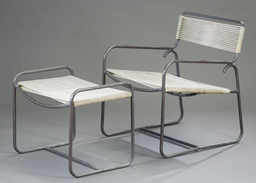 Walter Lamb Lounge Chair and Ottoman: Circa 1952. Model C5700 with Model C5706 ottoman. Bronze tubing with nylon cord. 30" H x 23 1/2" W x 25" D