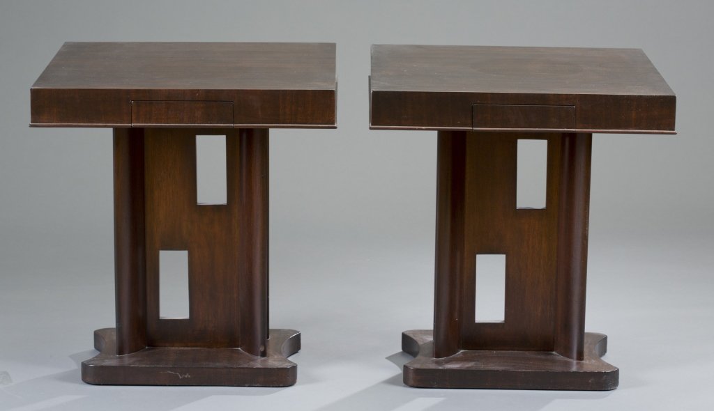Pair of Ebonized Modernist End Tables: Possibly Paul Laszlo. 26" H x 24" W x 24' D