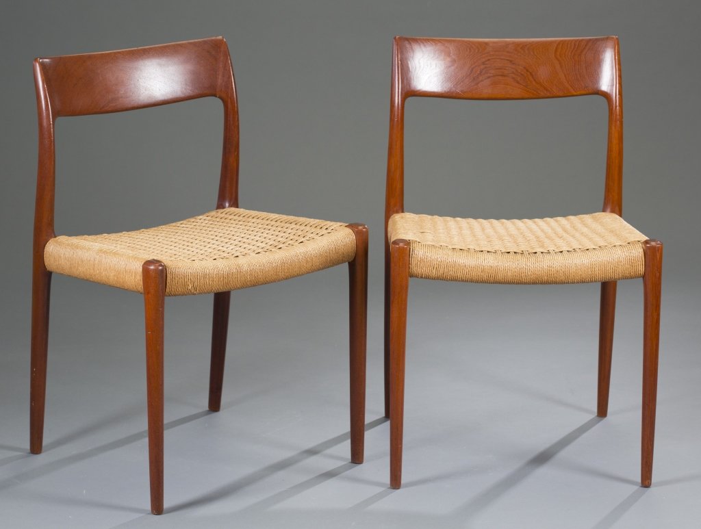Pair Of Teak Moller Side Chairs: Model 77. 30" H x 19 1/2" W, Condition: excellent vintage condition. Only slight breaks and wear to original paper cord seats.