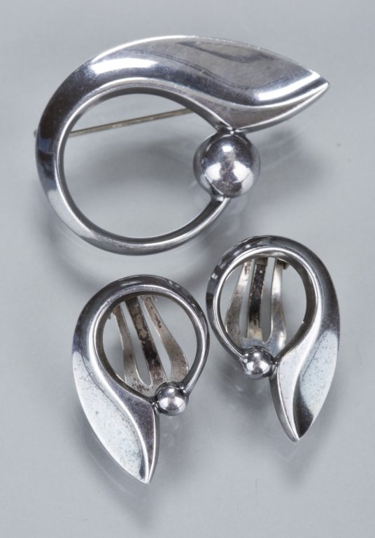 Hans Hansen Sterling Earrings and Brooch: Stamped to back, no. 109.