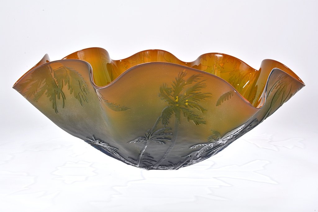 Vacation Sun, Cameo Glass Vase: Colbalt/Topaz. Large bowl. Blenko. 15" Dia