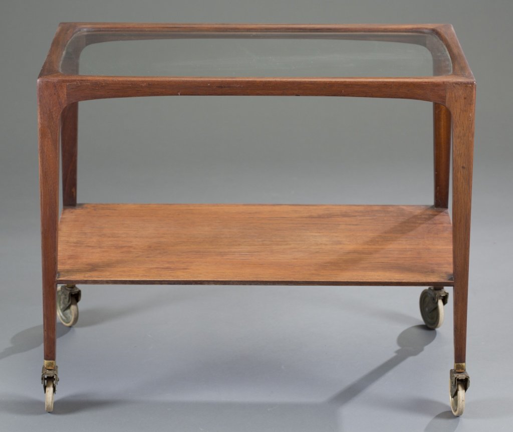 Walnut Bar Cart with Glass Top: Possibly Vladimir Kagan. Unmarked. 23 1/2" H x 28 1/4" L x 16" D