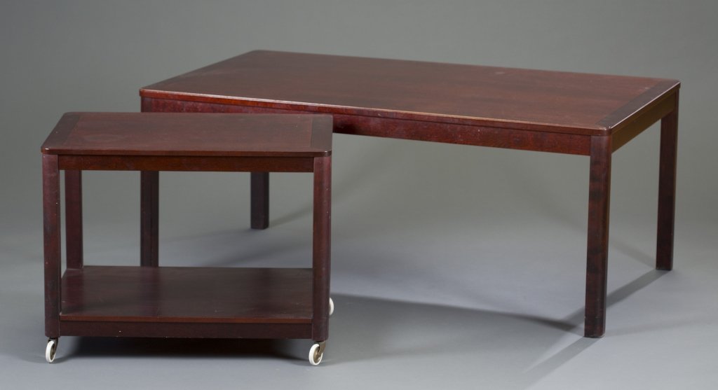 Contemporary Coffee Table & Mobile Side Table: Stained a deep red. Original manufacturing label attached, reads: "Stockholm IKEA Designers: Karen Mobring Tomas Jelinek." Coffee: 20''H x 19'' W x 29 1/2'' L, side: 19 3/4'' H x 26'' W x 18 1/2'' L