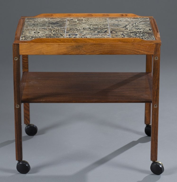 Danish Rosewood Tiled Tea Cart: Removable top, inlaid Royal Copenhagen tiles, Rio Palisander select. 20'' H x 19 1/2'' W x 15'' L