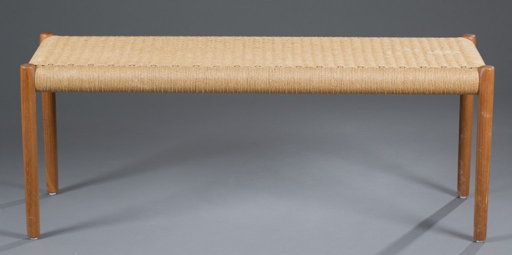 J.L. Moller Teak Bench: Woven cord seat. 18'' H x 46'' W x 15 1/2'' D