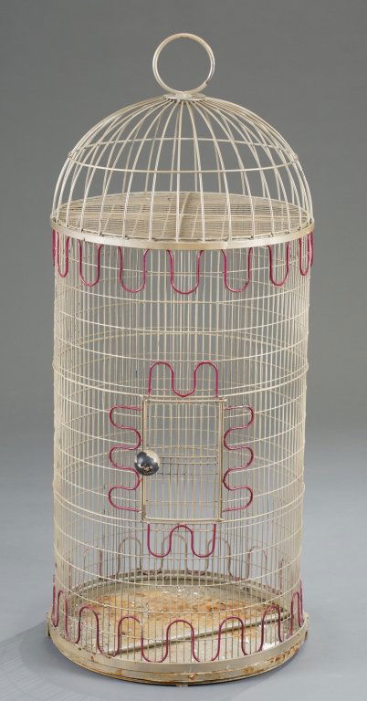 Frederick Weinberg Bird Cage: Iron and wire with red accents, painted black cage door knob. 45" H x 18" Dia, Condition: paint missing on knob