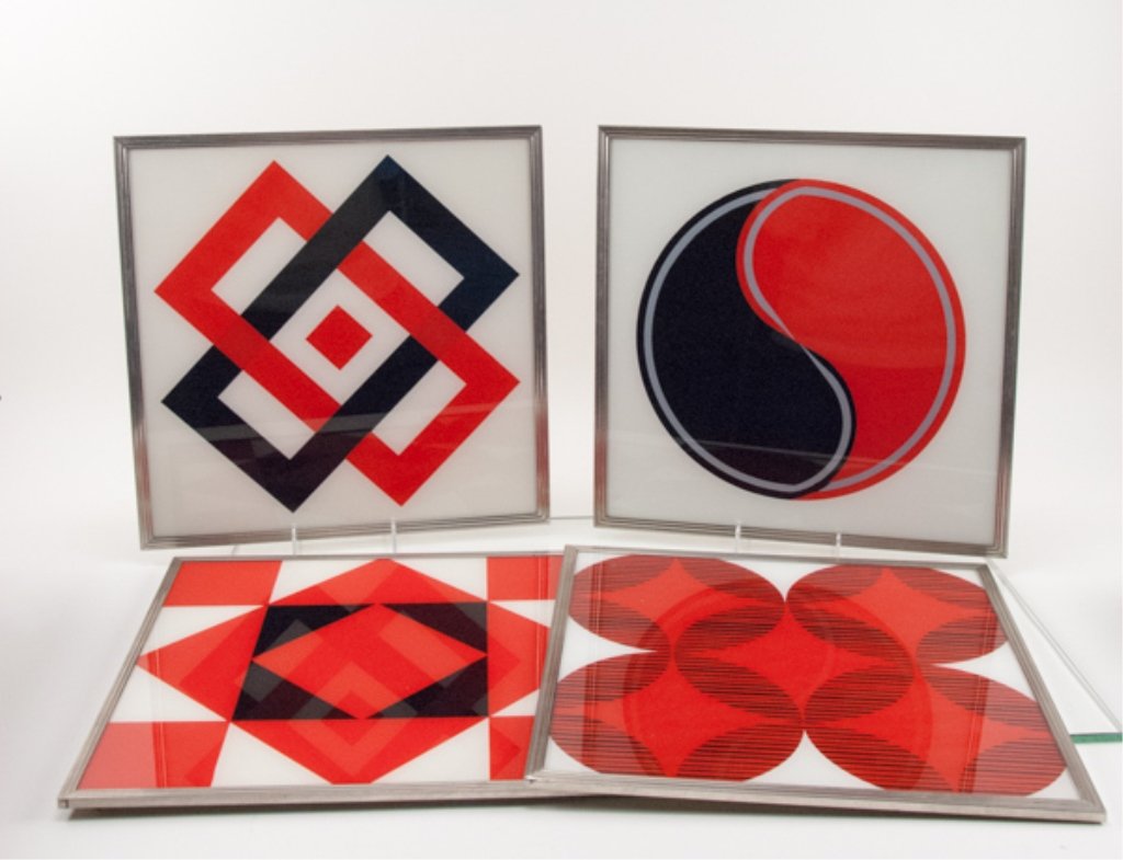 Four (4) American Geometric Silk Screen Prints: Four (4) framed Windsor Art Product prints, titled - "Yellow", "Ying and Yang", "Space Control" and "American Independence." Mid-twentieth century. Red and black ink on paper. 15" H x 15" W