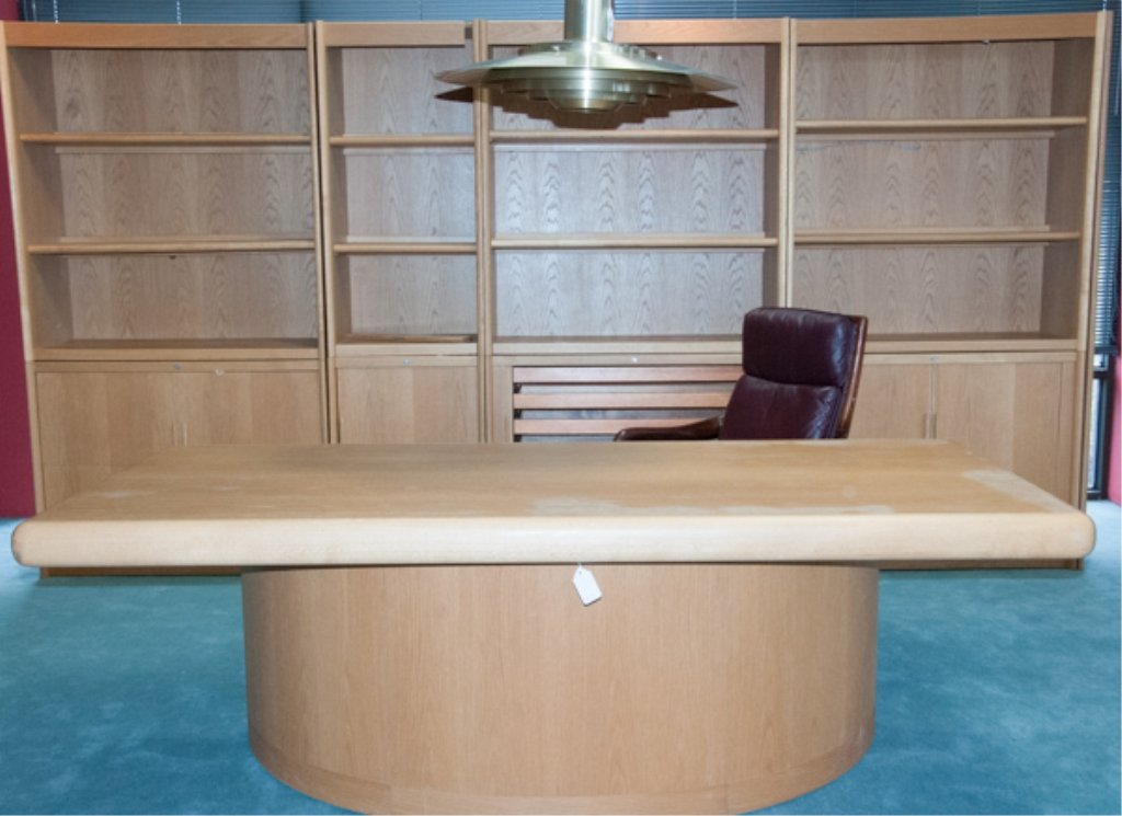 Dyrlund Executive "Skyline" Suite in Ash: Includes eight bookcase/storage units, executive desk, credenza and chair.