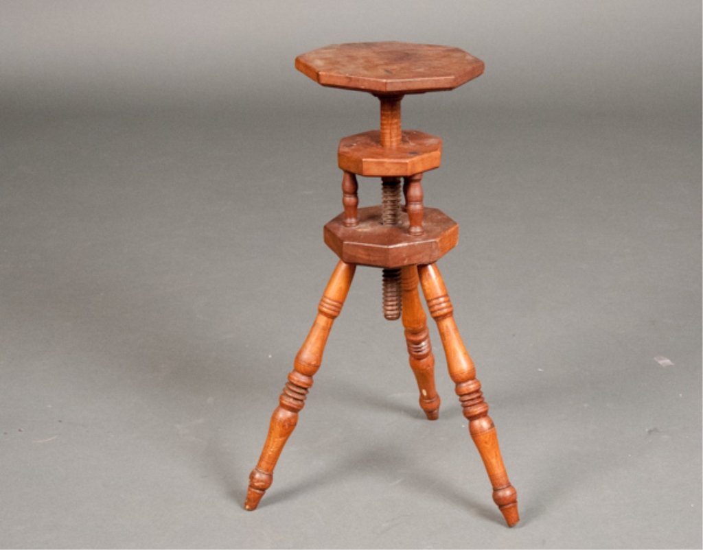 19th Century Adjustable Candle Stand: Octagon top with turned tripod legs, 26" H x 15" W