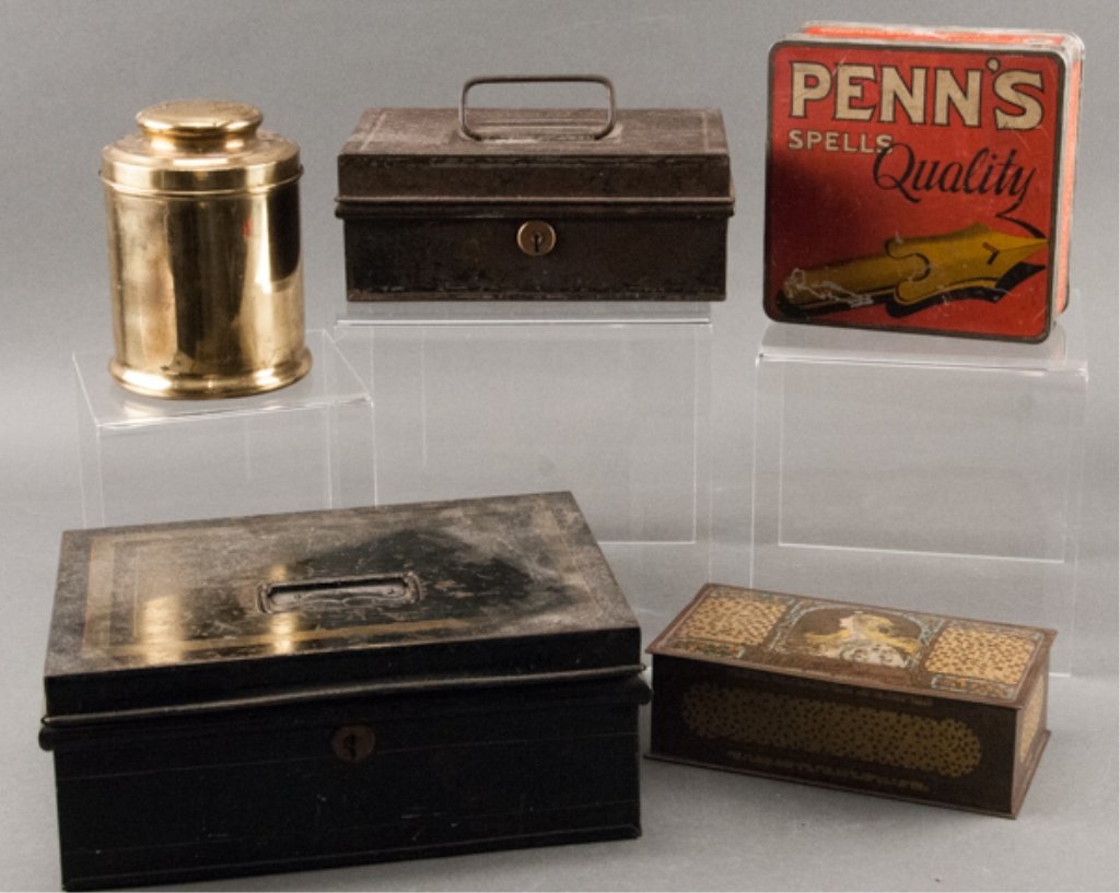 Five Vintage Metal Containers: Two cash boxes, one Whitman's chocolate tin, L.A. Palina Senators tin and a Penn's Natural Leaf Thin tobacco tin