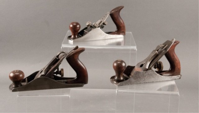 Three Stanley Planes: No. G3 self setting gage plane, No. S4 and No. 4