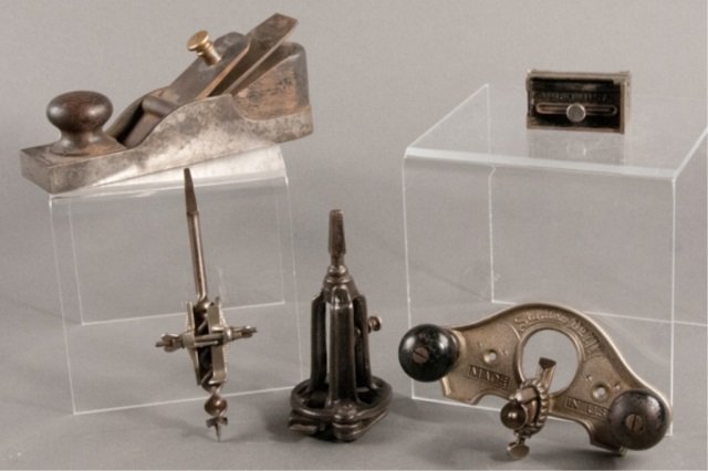 Five (5) Assorted Tools: Stanley #95 Gauge in Original Box, Stanley 71 1/2" router plane, Stanley auger depth gauge and bit, E.C. Sterns & Co. Hollow auger brace bit and Sheffield metal plane.