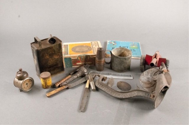 Miscellaneous Lot: Including but not limited to: Cherry Cedar Miller's Axle Oil Can, Art Stencils, Ansonia Alarm Clock, Cigar Box, Tin Cannon, etc.