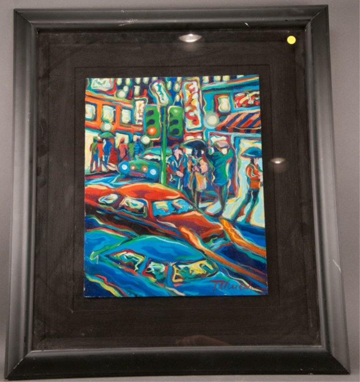 James Talmadge, Liquid City: Acrylic on board, framed and matted under glass. Sight image: 19 1/2" H x 16" W, frame: 33 1/4" H x 29" W.