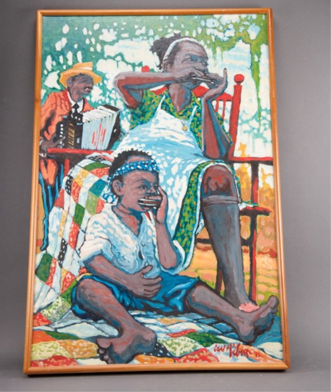 Painting by Earl Herbert: American (1942-2006), signed lower right E. Herbert, woman and child playing harmonica with man in background playing a squeeze box, 35 1/2" H x 23 1/2" W, Frame 37" H x 25" W
